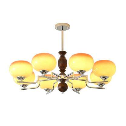 Amber Glass Multi-Arm Chandelier with Walnut Accents