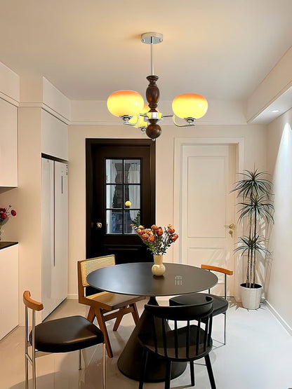 Amber Glass Multi-Arm Chandelier with Walnut Accents