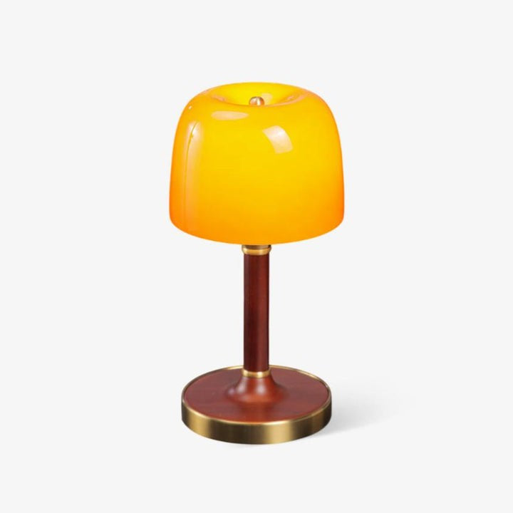 Amber Glass Table Lamp with Walnut Wood Base & Brass Finish