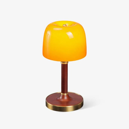 Amber Glass Table Lamp with Walnut Wood Base & Brass Finish