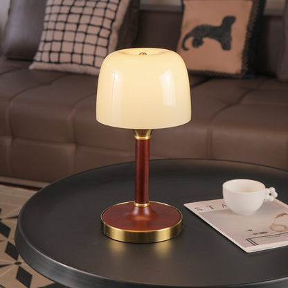 Amber Glass Table Lamp with Walnut Wood Base & Brass Finish
