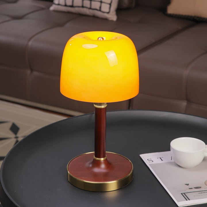 Amber Glass Table Lamp with Walnut Wood Base & Brass Finish