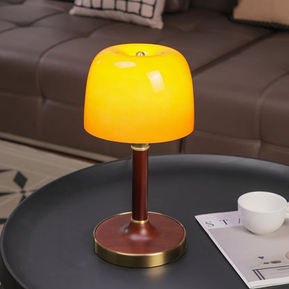 Amber Glass Table Lamp with Walnut Wood Base & Brass Finish