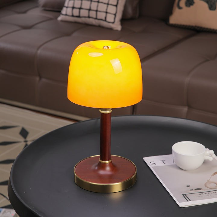 Amber Glass Table Lamp with Walnut Wood Base & Brass Finish