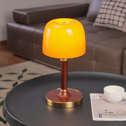 Amber Glass Table Lamp with Walnut Wood Base & Brass Finish