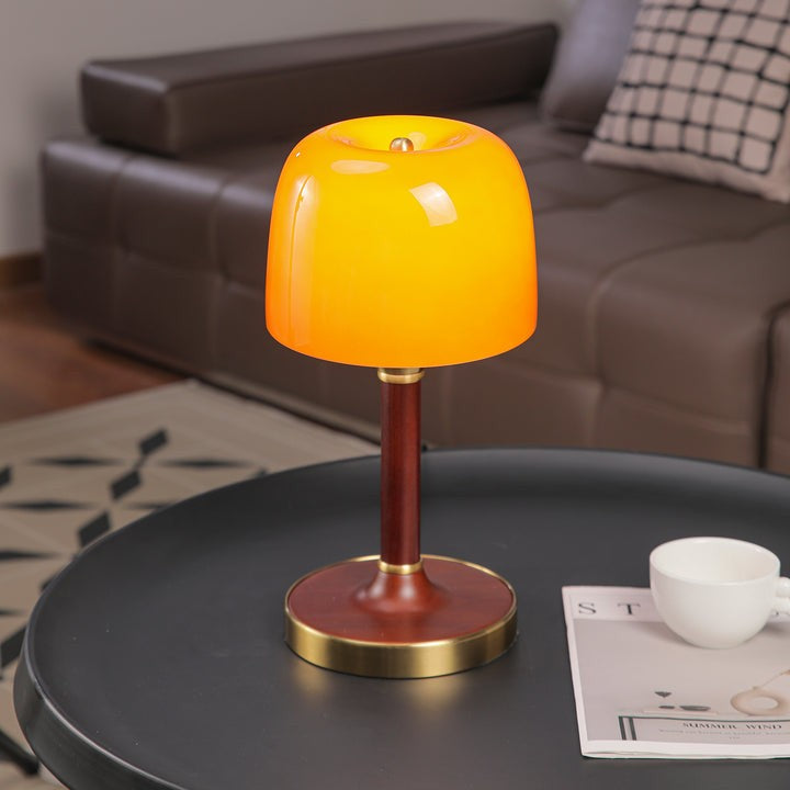 Amber Glass Table Lamp with Walnut Wood Base & Brass Finish