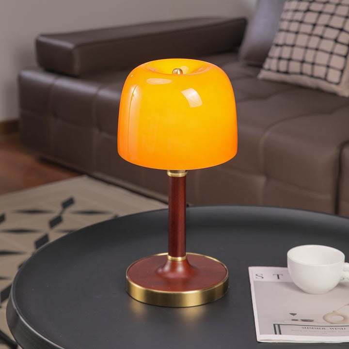 Amber Glass Table Lamp with Walnut Wood Base & Brass Finish