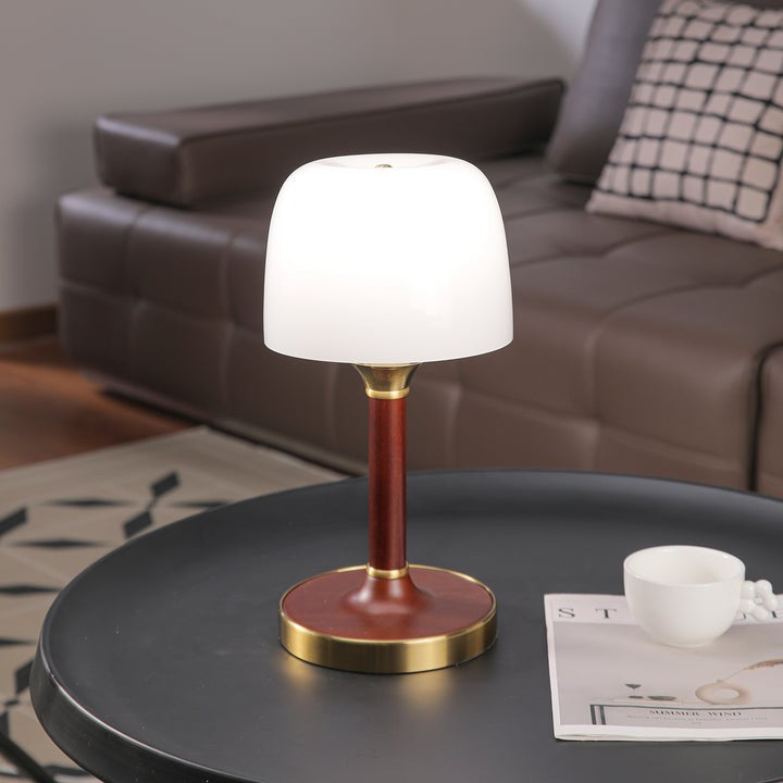 Amber Glass Table Lamp with Walnut Wood Base & Brass Finish