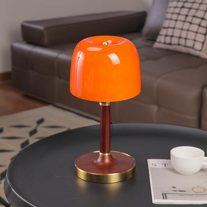 Amber Glass Table Lamp with Walnut Wood Base & Brass Finish
