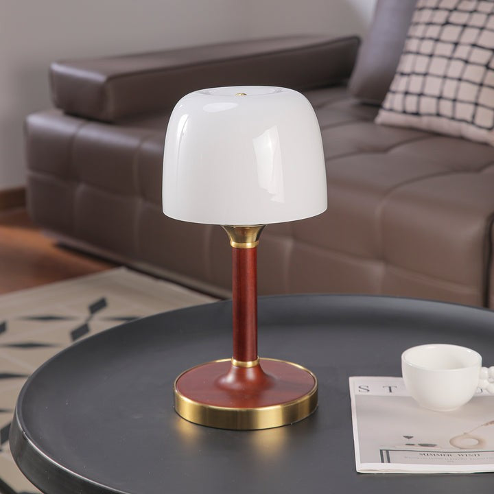 Amber Glass Table Lamp with Walnut Wood Base & Brass Finish