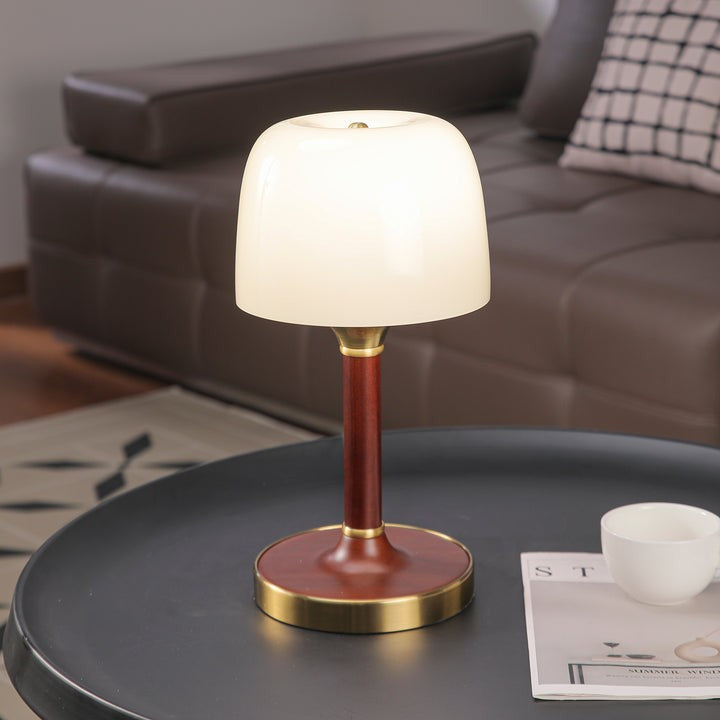 Amber Glass Table Lamp with Walnut Wood Base & Brass Finish