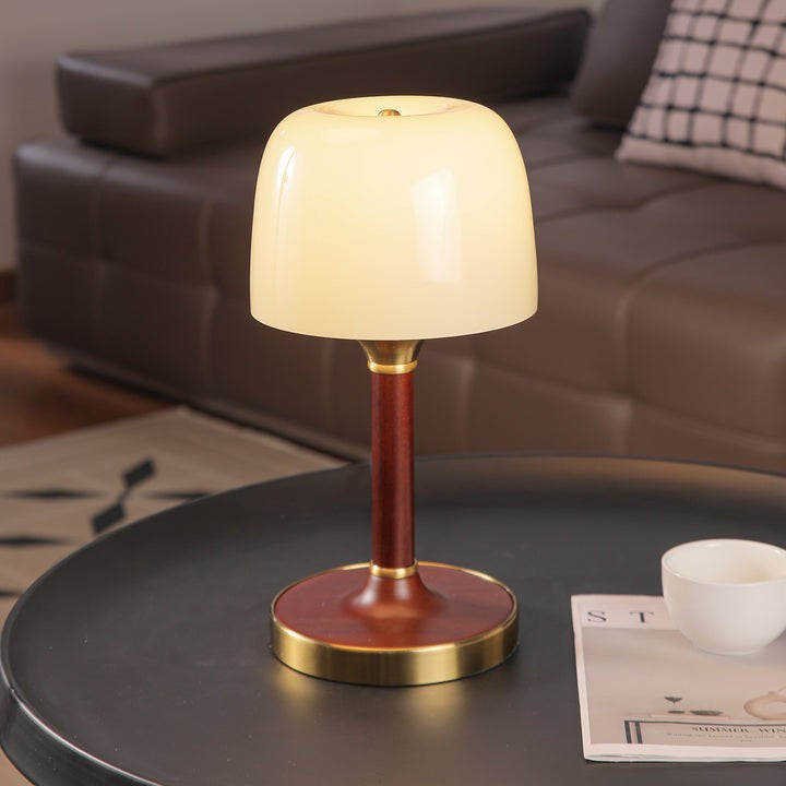 Amber Glass Table Lamp with Walnut Wood Base & Brass Finish