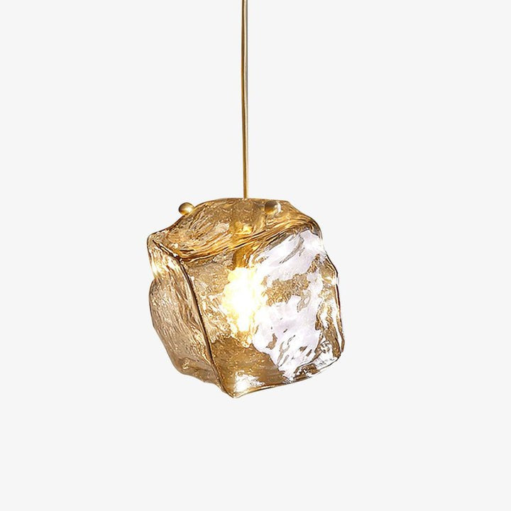 Amber Ice Glass Pendant Light with Brass Hardware