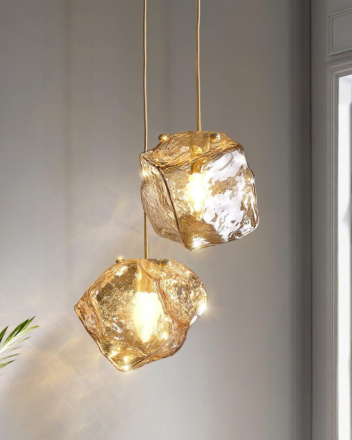 Amber Ice Glass Pendant Light with Brass Hardware