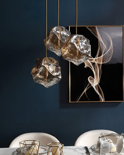 Amber Ice Glass Pendant Light with Brass Hardware