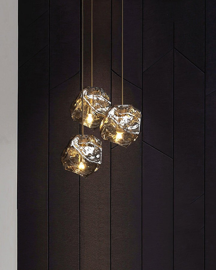Amber Ice Glass Pendant Light with Brass Hardware