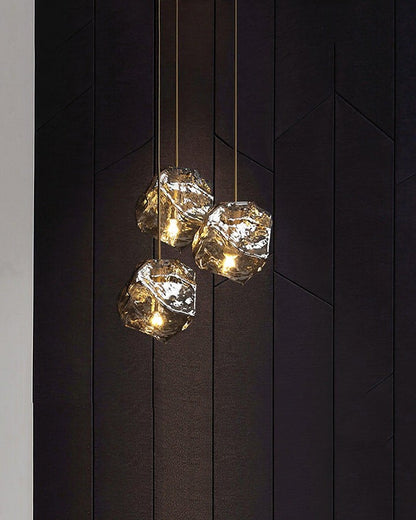 Amber Ice Glass Pendant Light with Brass Hardware