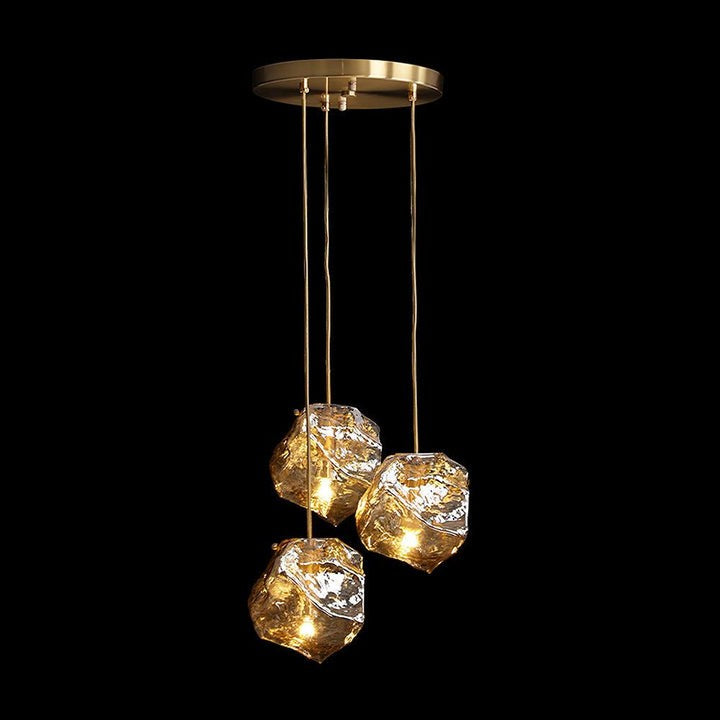 Amber Ice Glass Pendant Light with Brass Hardware