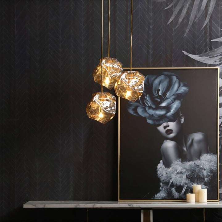 Amber Ice Glass Pendant Light with Brass Hardware