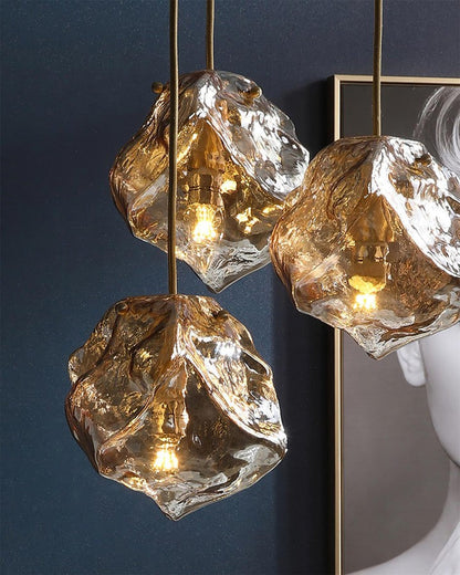 Amber Ice Glass Pendant Light with Brass Hardware