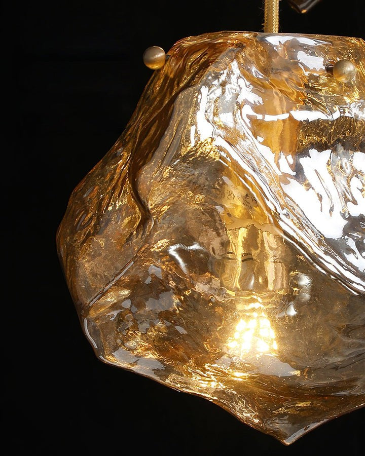 Amber Ice Glass Pendant Light with Brass Hardware