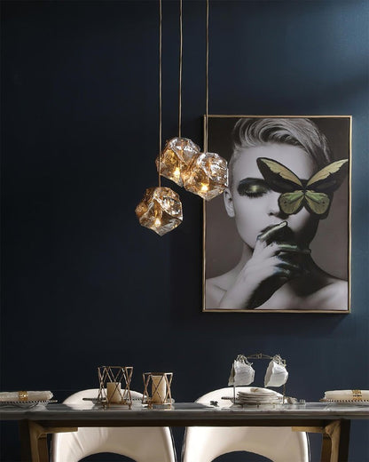 Amber Ice Glass Pendant Light with Brass Hardware