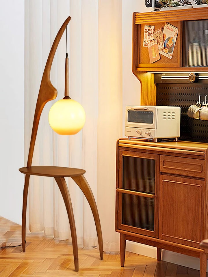 Arched Wooden Floor Lamp with Amber Glass Orb