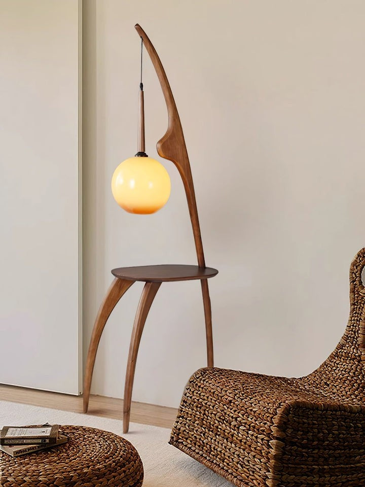 Arched Wooden Floor Lamp with Amber Glass Orb