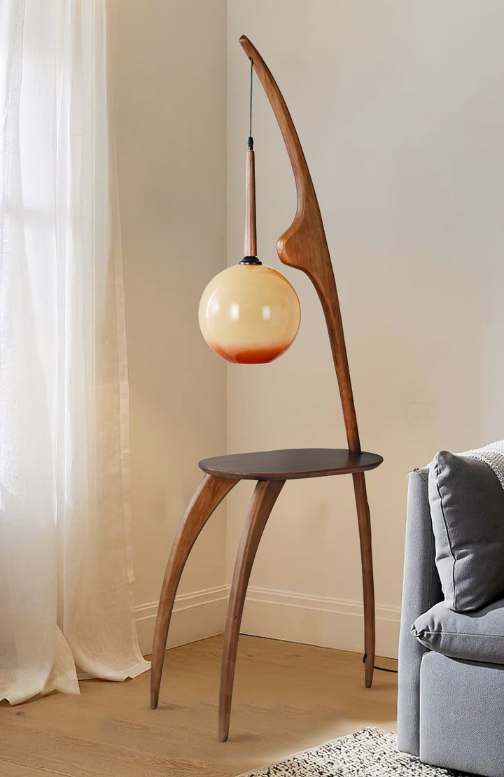 Arched Wooden Floor Lamp with Amber Glass Orb