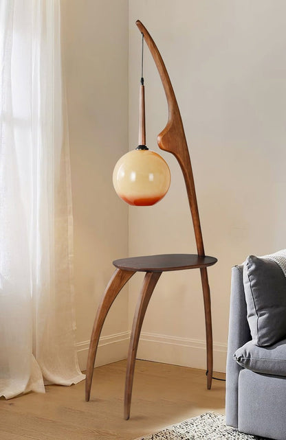 Arched Wooden Floor Lamp with Amber Glass Orb