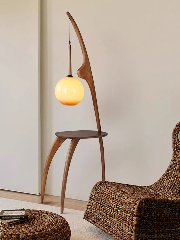 Arched Wooden Floor Lamp with Amber Glass Orb