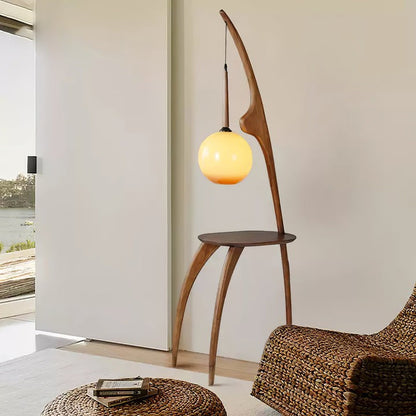Arched Wooden Floor Lamp with Amber Glass Orb