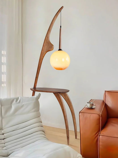 Arched Wooden Floor Lamp with Amber Glass Orb