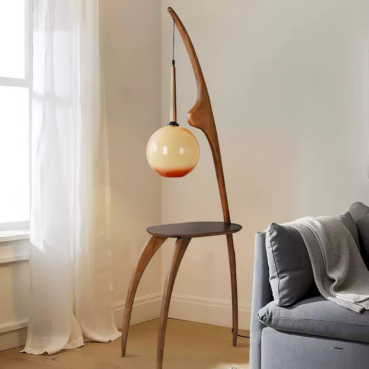 Arched Wooden Floor Lamp with Amber Glass Orb