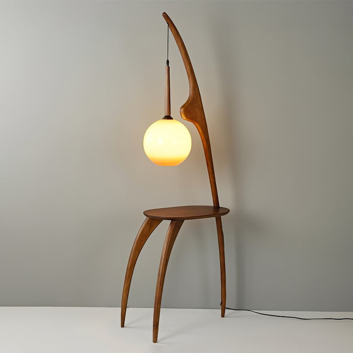 Arched Wooden Floor Lamp with Amber Glass Orb