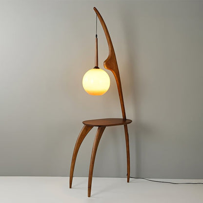 Arched Wooden Floor Lamp with Amber Glass Orb