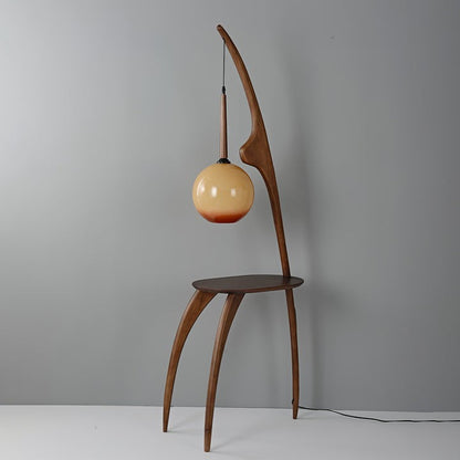 Arched Wooden Floor Lamp with Amber Glass Orb