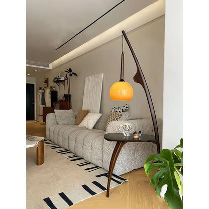 Arched Wooden Floor Lamp with Amber Glass Orb