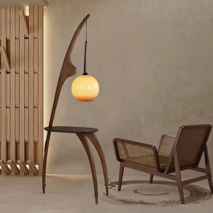 Arched Wooden Floor Lamp with Amber Glass Orb