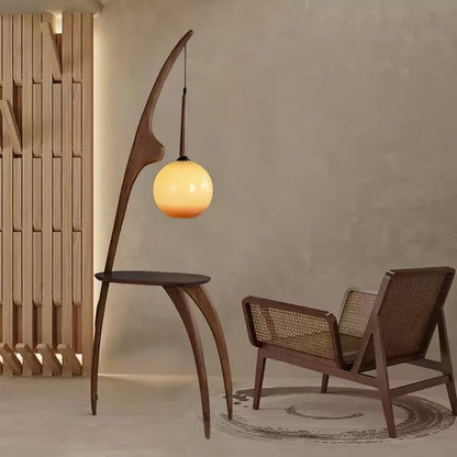 Arched Wooden Floor Lamp with Amber Glass Orb