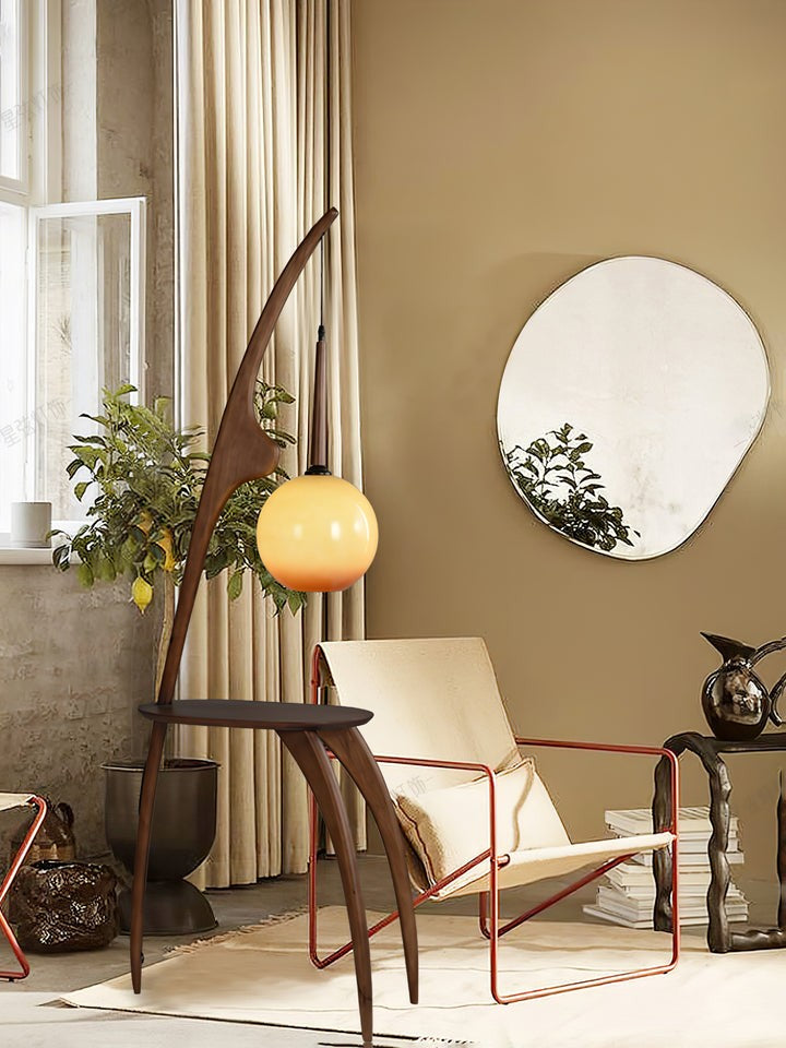 Arched Wooden Floor Lamp with Amber Glass Orb