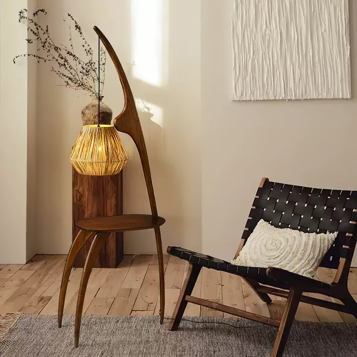 Arched Wooden Floor Lamp with Amber Glass Orb