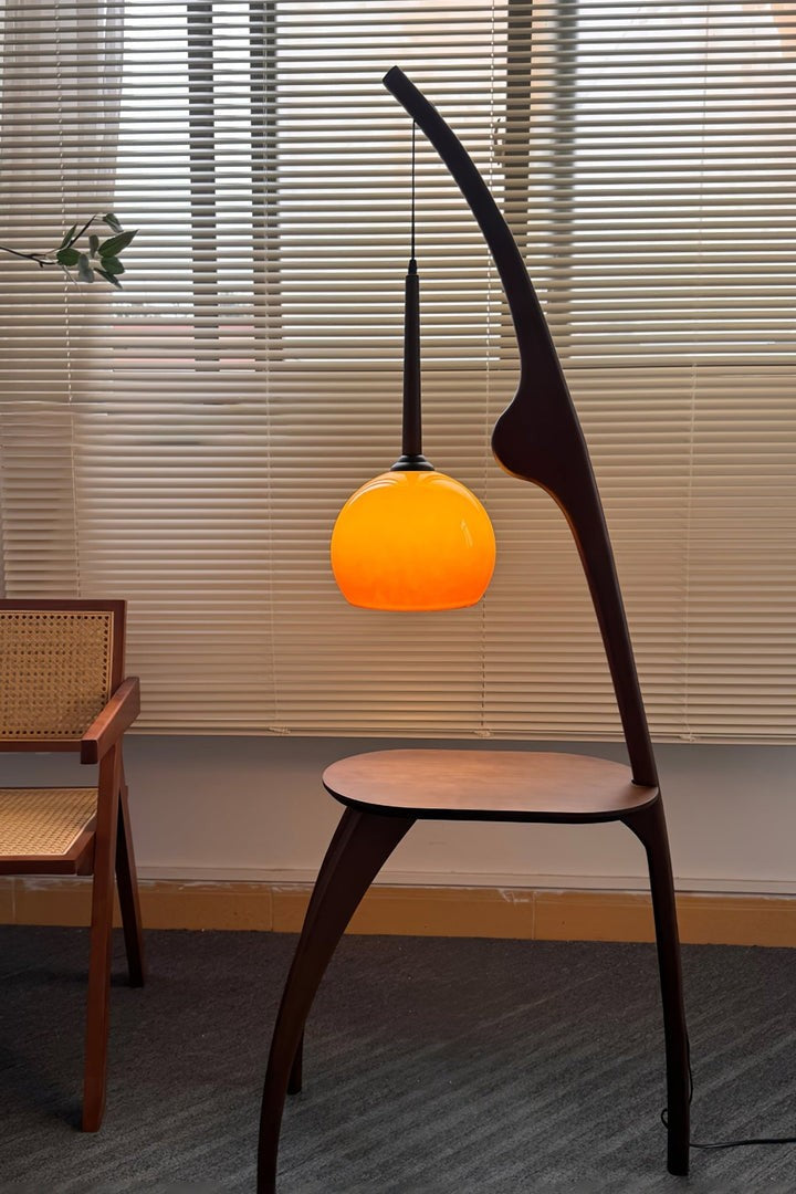 Arched Wooden Floor Lamp with Amber Glass Orb