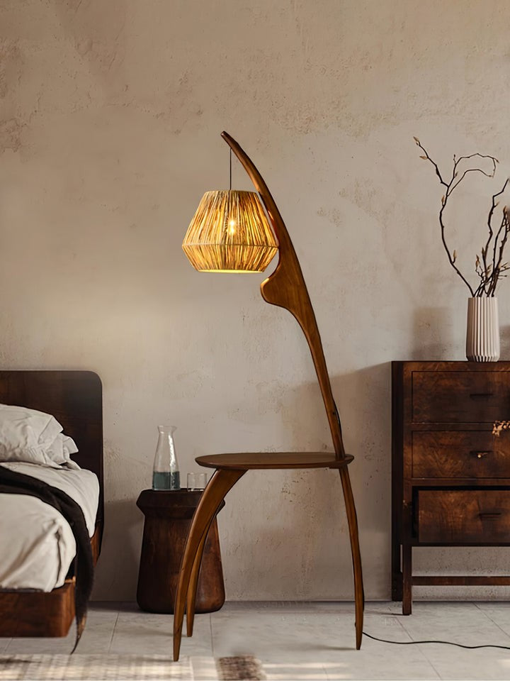 Arched Wooden Floor Lamp with Amber Glass Orb