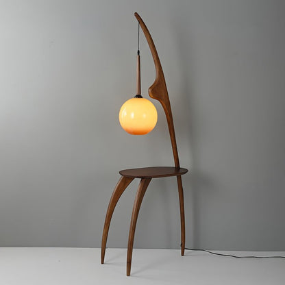 Arched Wooden Floor Lamp with Amber Glass Orb