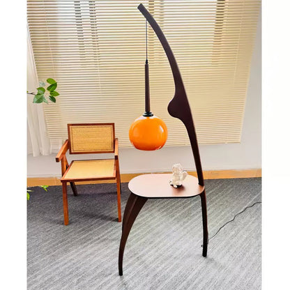 Arched Wooden Floor Lamp with Amber Glass Orb
