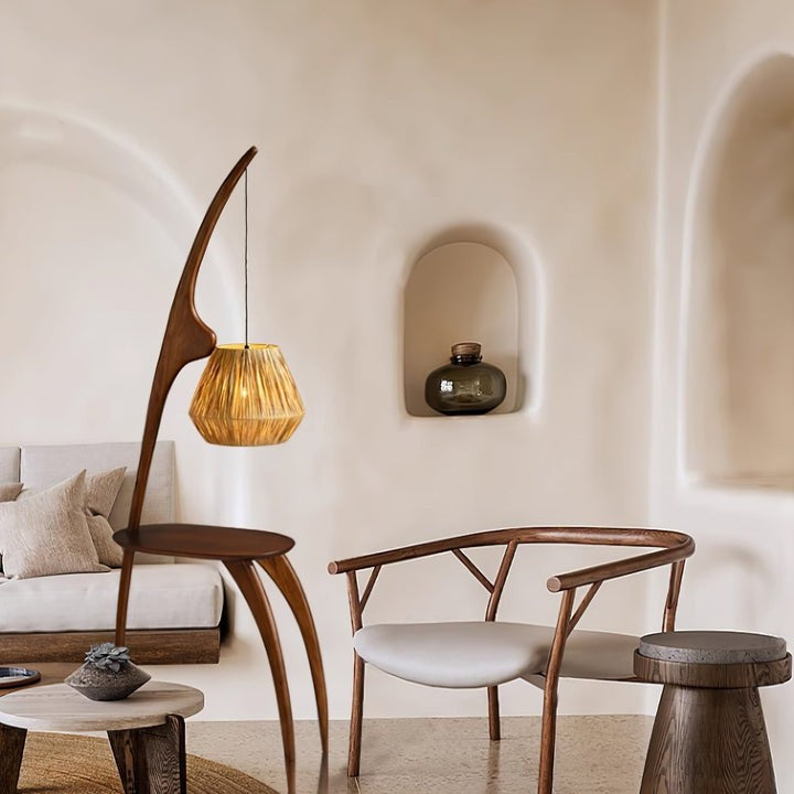 Arched Wooden Floor Lamp with Amber Glass Orb