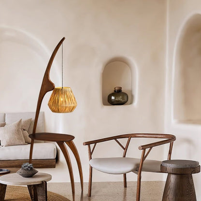 Arched Wooden Floor Lamp with Amber Glass Orb