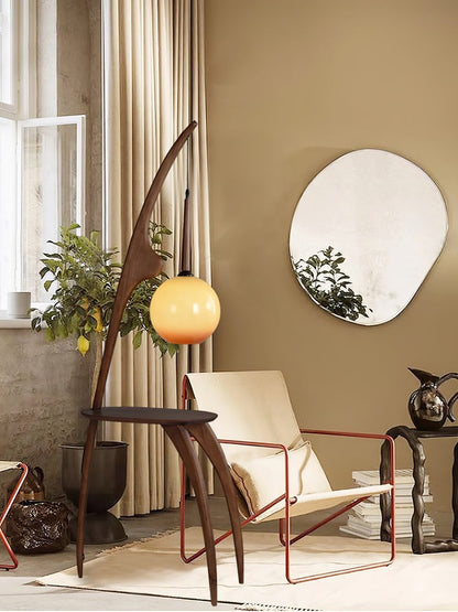 Arched Wooden Floor Lamp with Amber Glass Orb