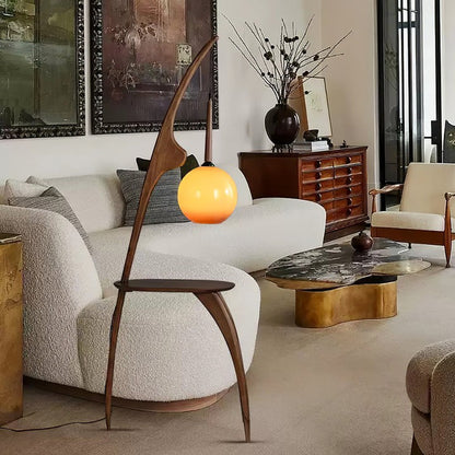 Arched Wooden Floor Lamp with Amber Glass Orb